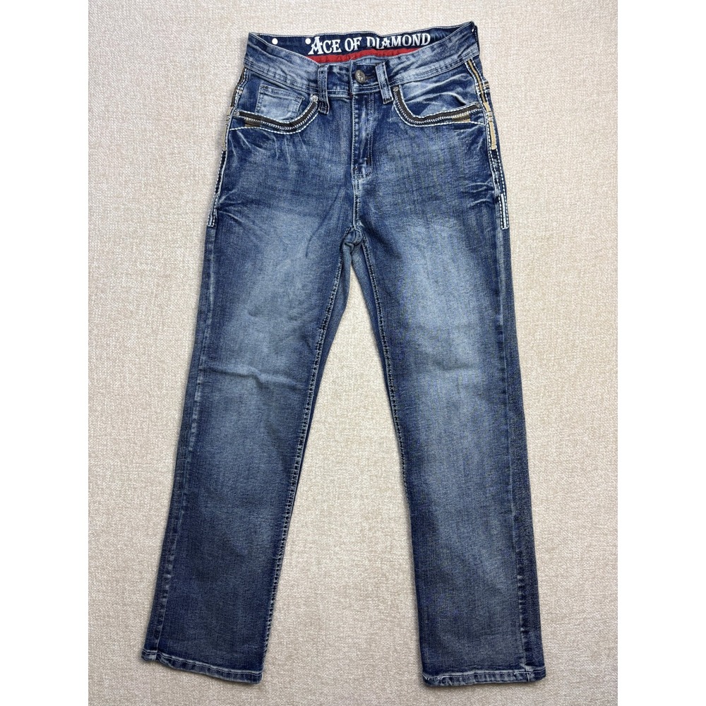 Ace of Diamond Men Straight Leg Embroidered Jeans Blue Wash 28x30 Y2K Streetwear